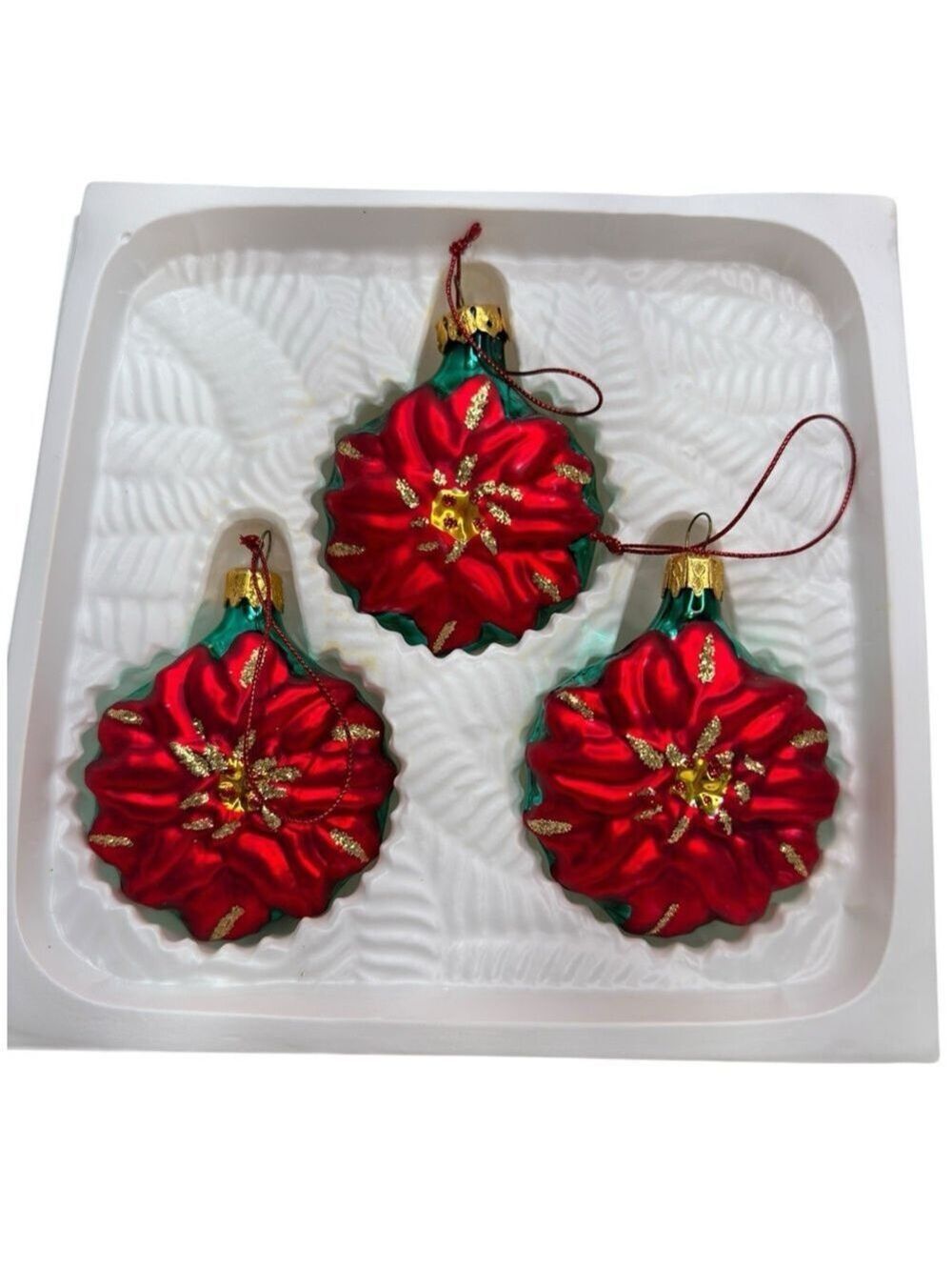 Vintage NOS Dayton Hudson Wreath Blown Glass Christmas Ornaments Red Green Set 3